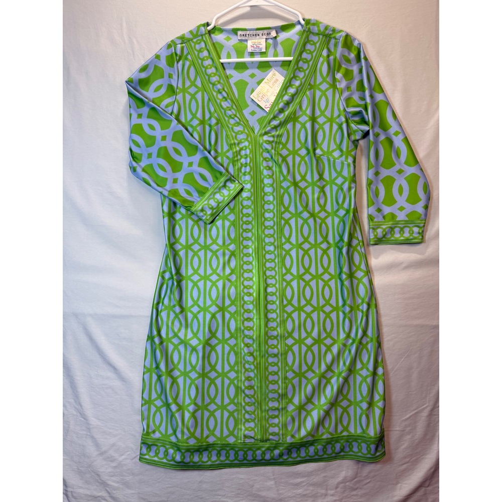 Gretchen Scott Dress Womens Medium Green Blue Geometric Trellis V-Neck Tunic NWT